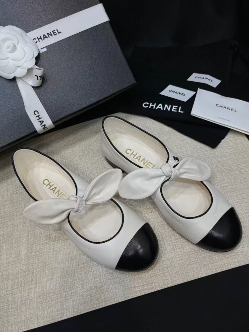 CHANEL Black White Two-Tone Bow Ballet Flats
